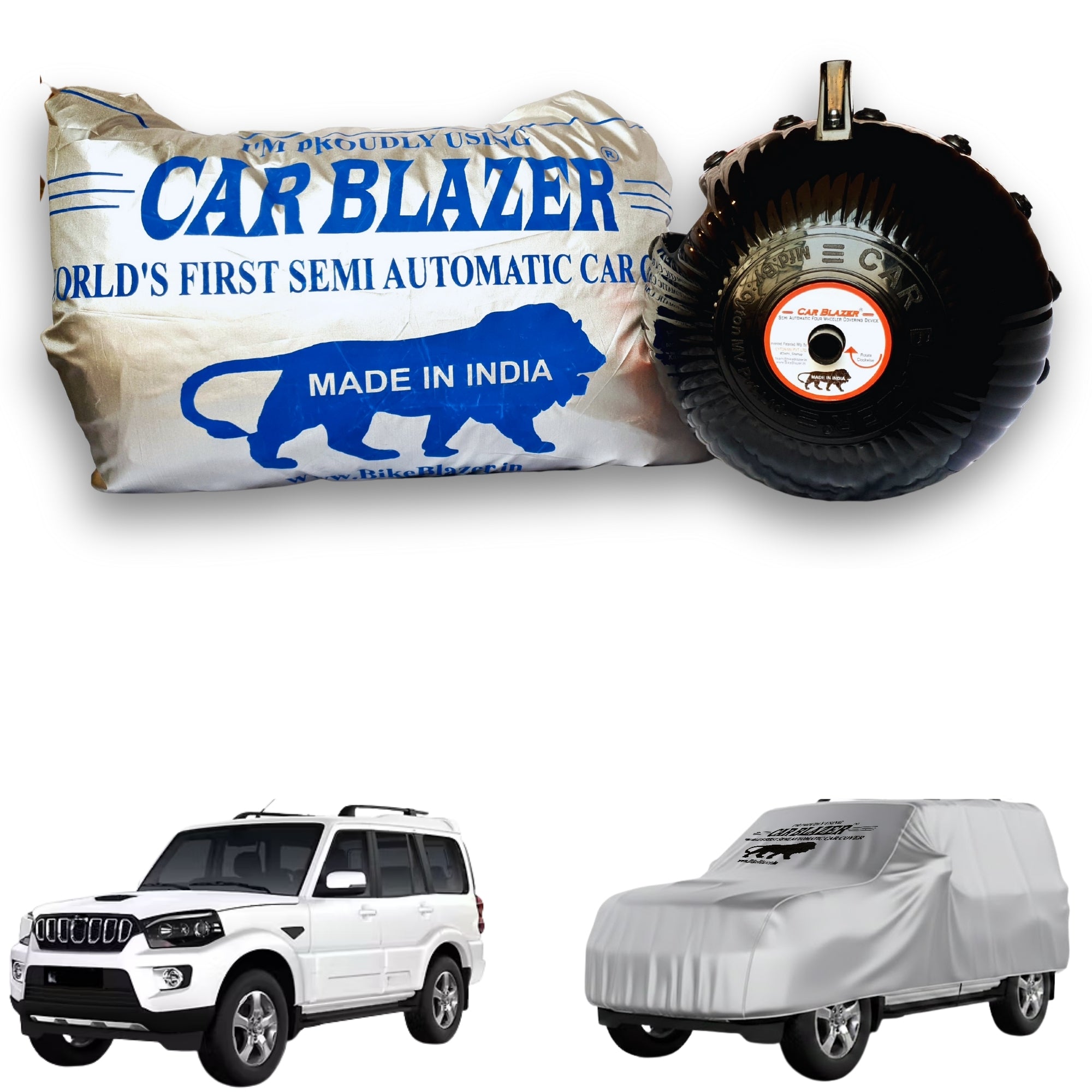CarBlazer semi automatic portable full body car cover delivering waterproof, dust proof and UV safe protection for full-size SUVs parked outdoors  Soft Scratproof, water, Dust & Wind resistant car coverfor Mahindra Scorpio all car models.