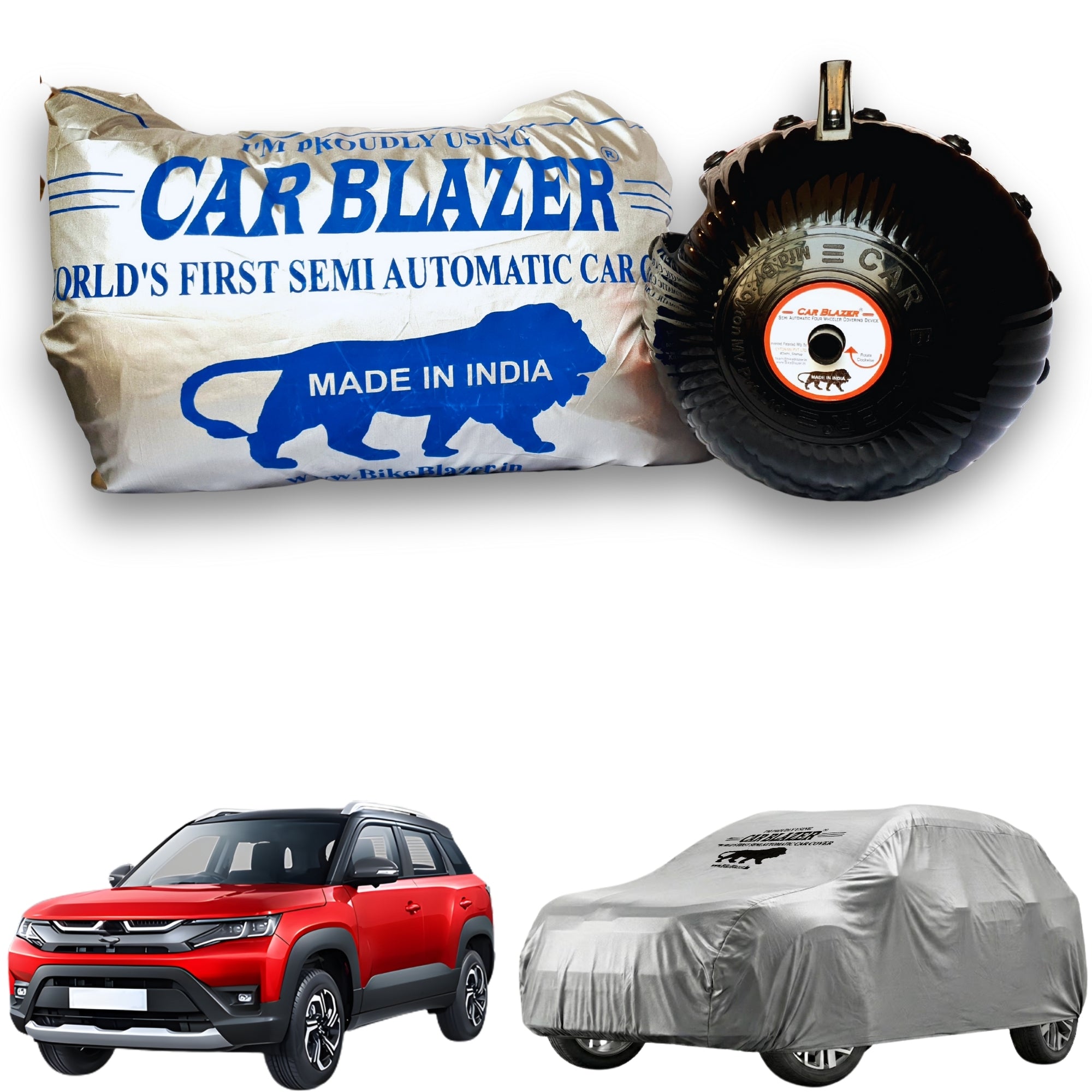 CarBlazer semi automatic portable full body car cover delivering waterproof, dust proof and UV rays of Sun safe protection for compact SUV rays of Suns parked outdoors for Maruti Suzuki Brezza all car models.