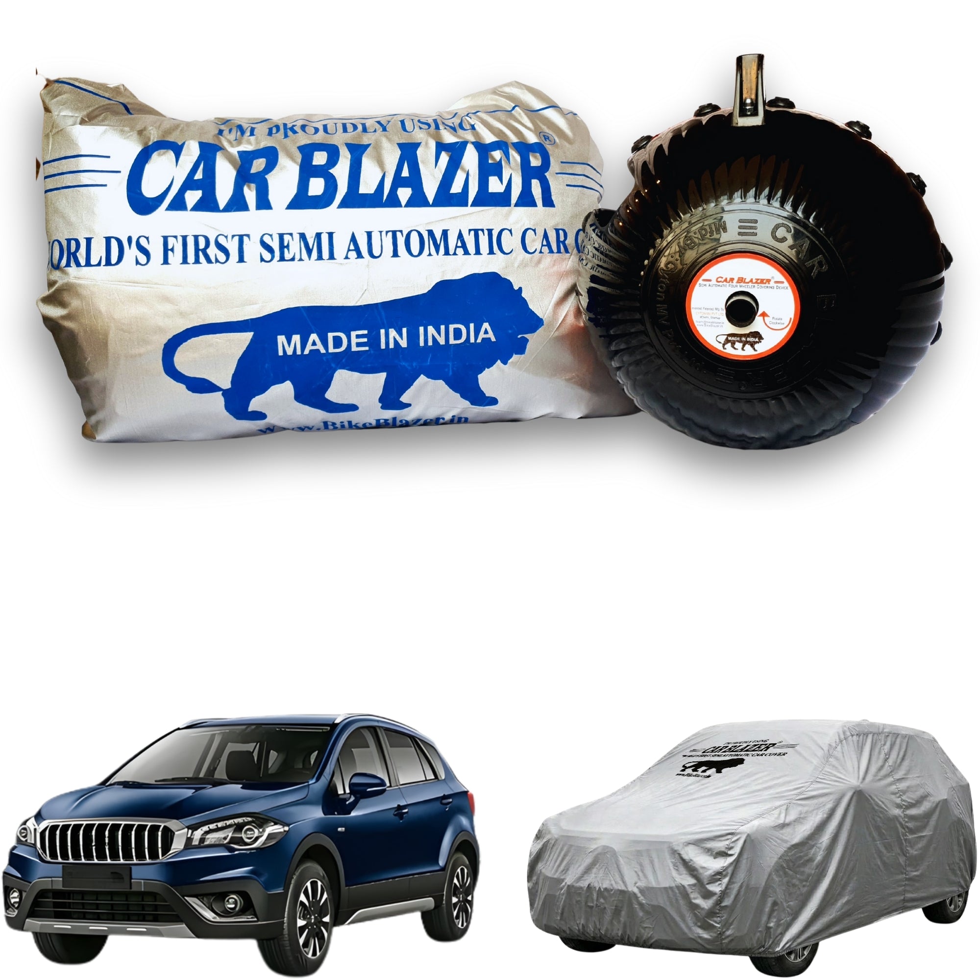 CarBlazer portable semi automatic car cover system offering quick full body protection for compact hatchbacks with waterproof, Sun Heat Resistant & tear resistant heavy duty fabric  for Maruti Suzuki S Cross all car models.