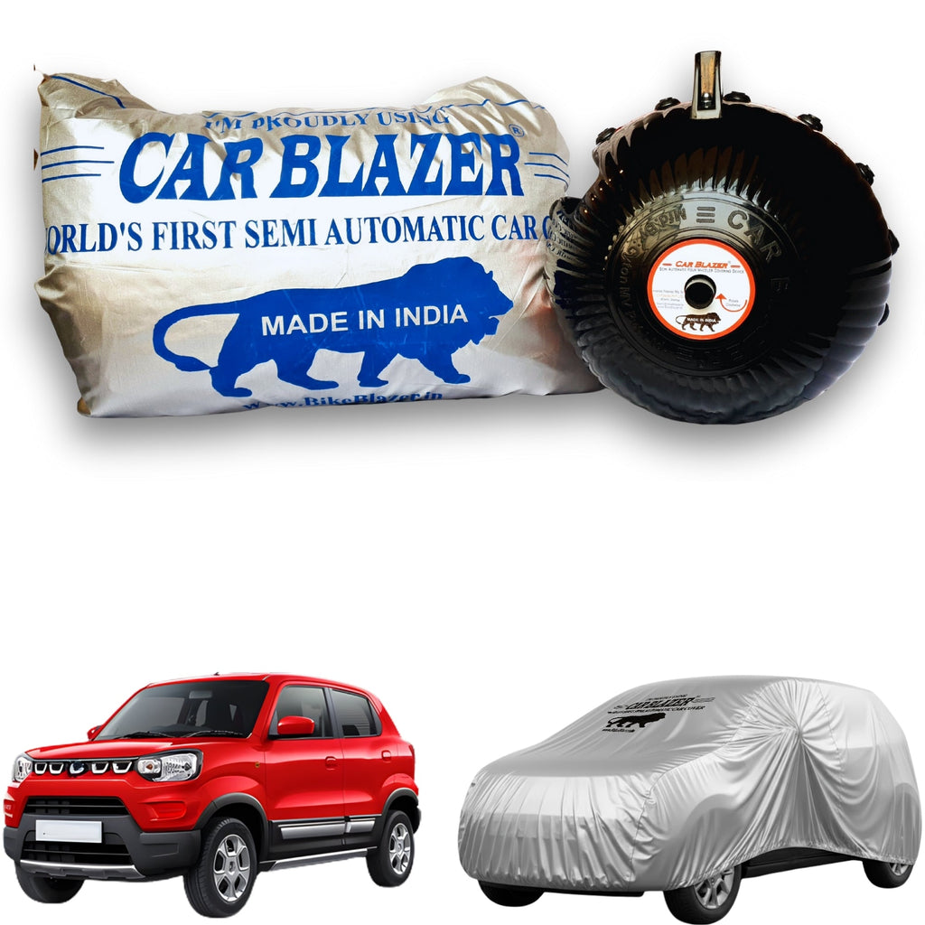 CarBlazer portable semi automatic car cover system offering quick full body protection for compact hatchbacks with waterproof, Sun Heat Resistant & tear resistant heavy duty fabric  for Maruti Suzuki S Presso all car models.
