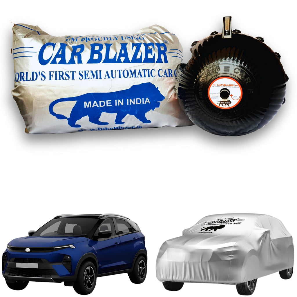 CarBlazer semi automatic portable car cover offering reliable weather protection for compact SUV rays of Suns with secure elastic fitting and full body coverage water, Dust & Wind resistant car coverfor New Tata Nexon all car models.