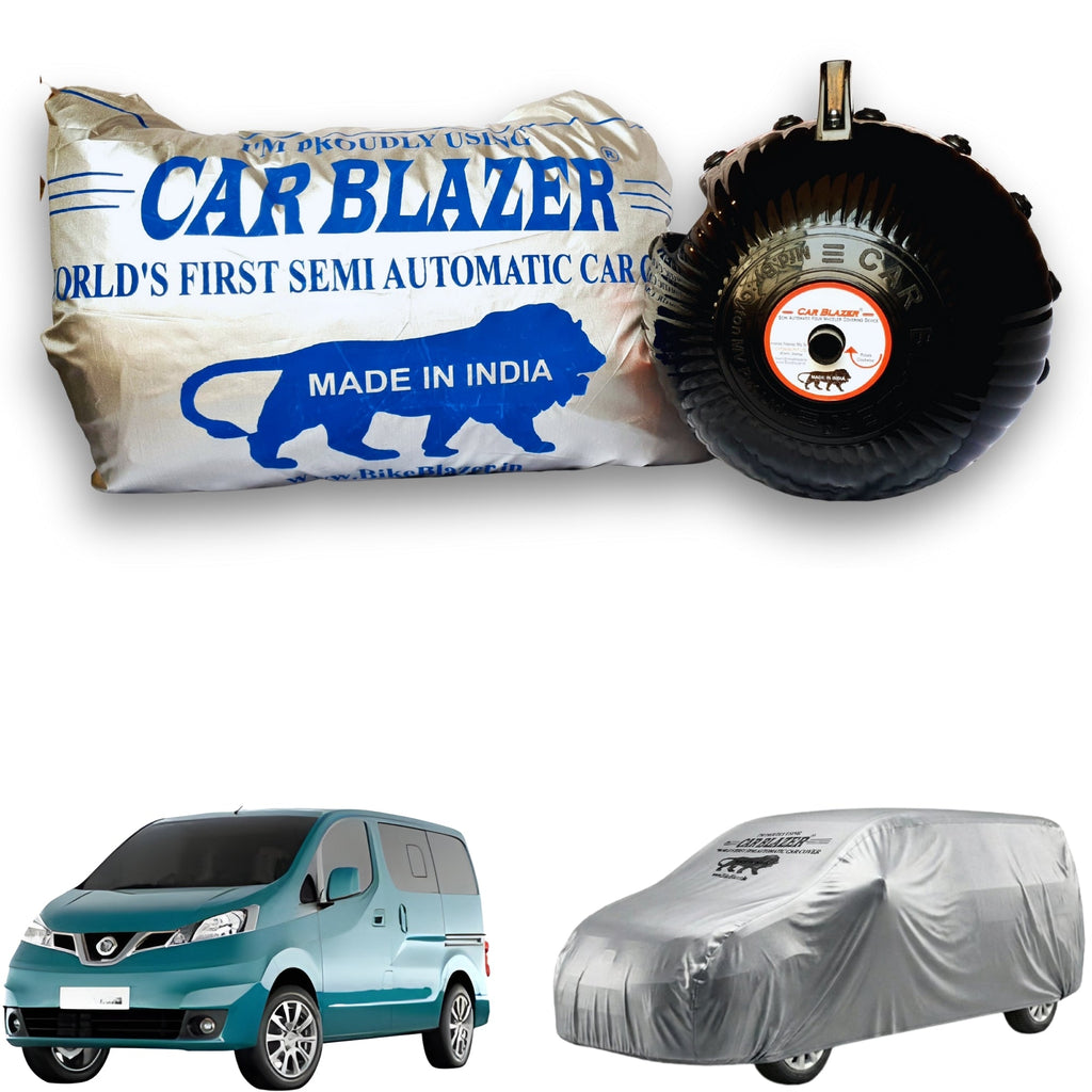 CarBlazer semi automatic portable waterproof full body car cover for family MPVs with secure elastic fitting, outdoor weather protection and long lasting vehicle care for Nissan Evalia all car models.