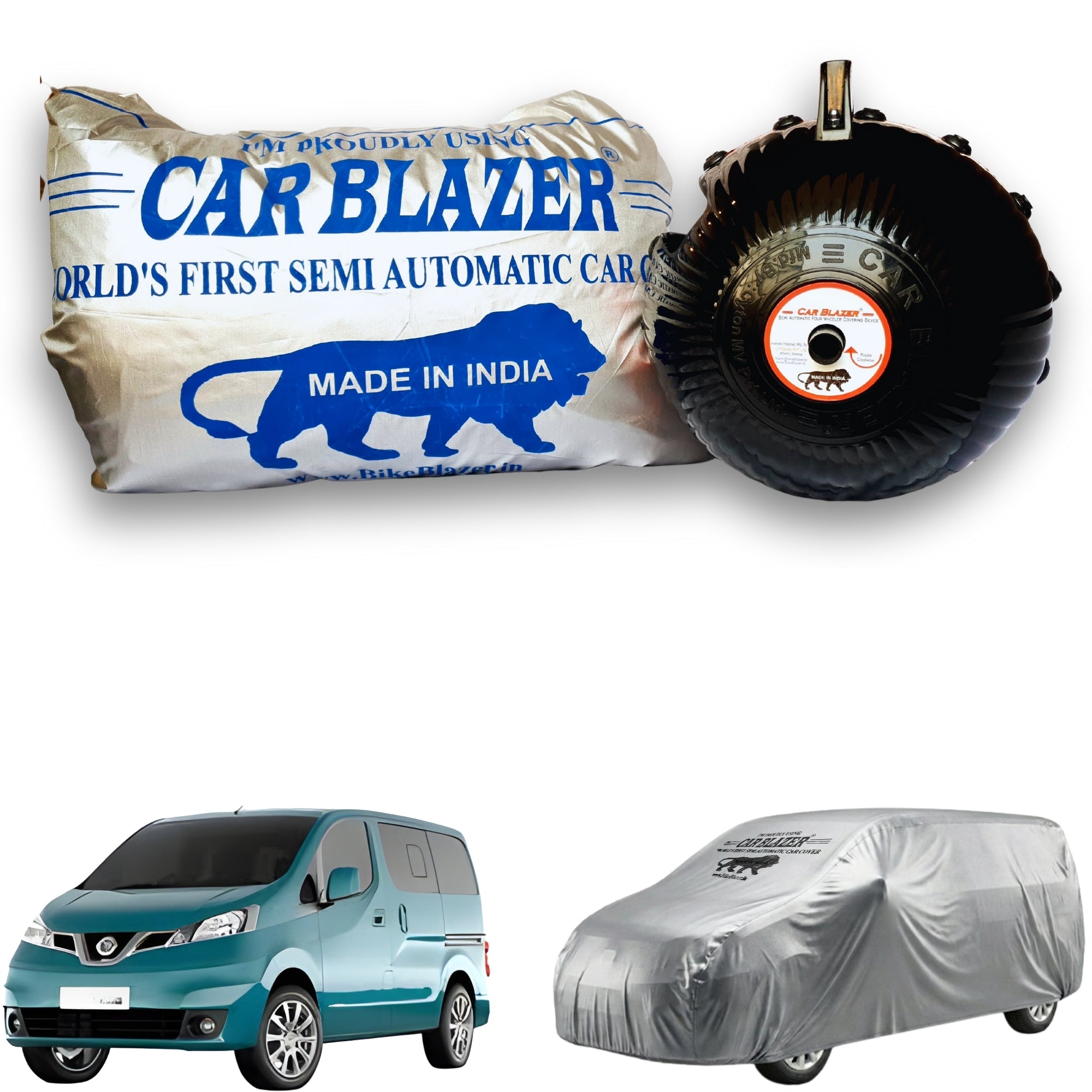 CarBlazer semi automatic portable waterproof full body car cover for family MPVs with secure elastic fitting, outdoor weather protection and long lasting vehicle care for Nissan Evalia all car models.