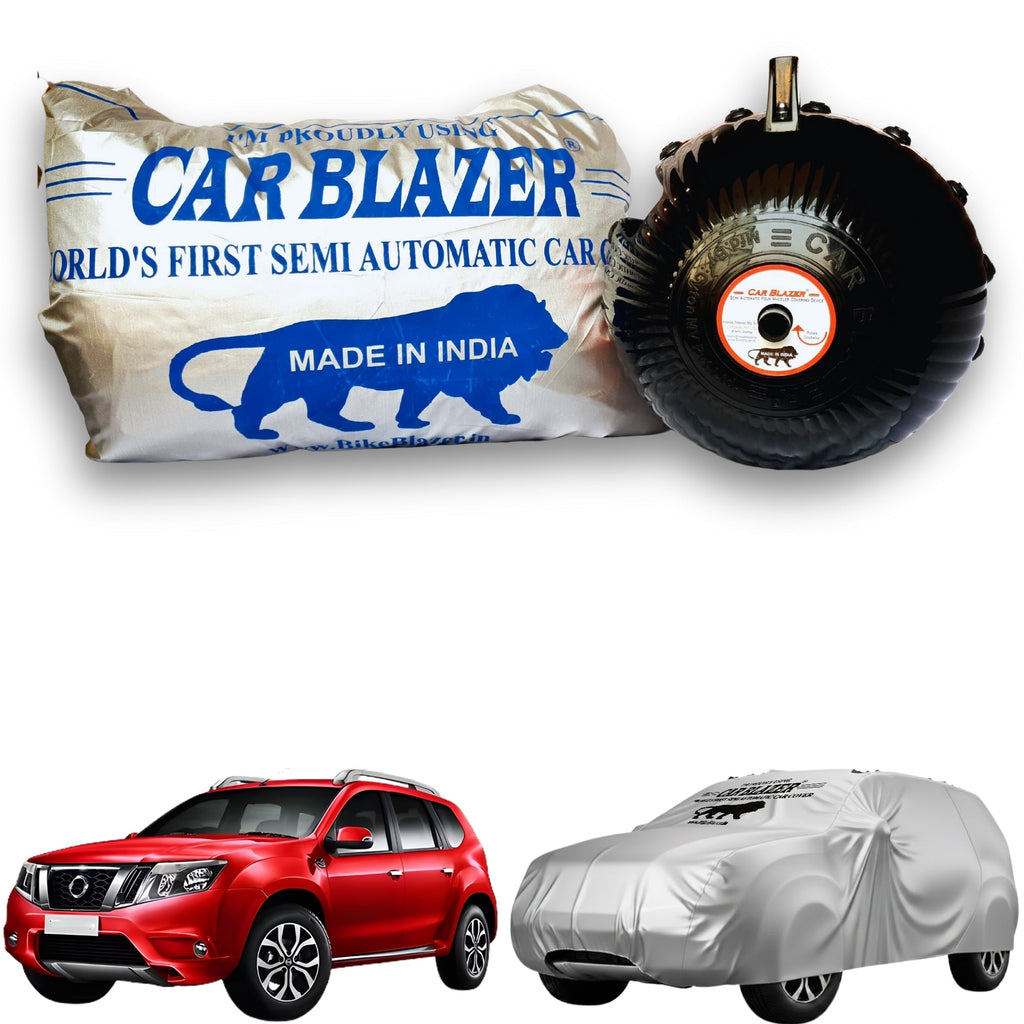 CarBlazer semi automatic portable full body car cover delivering waterproof, dust proof and UV rays of Sun safe protection for mid-size SUV rays of Suns parked outdoors for Nissan Terrano all car models.