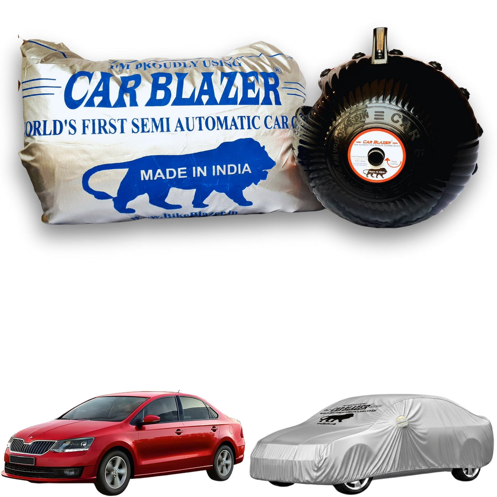 CarBlazer semi automatic portable waterproof full body car cover for modern sedans with secure elastic fitting, outdoor weather protection and long lasting vehicle care for Skoda Rapid all car models.