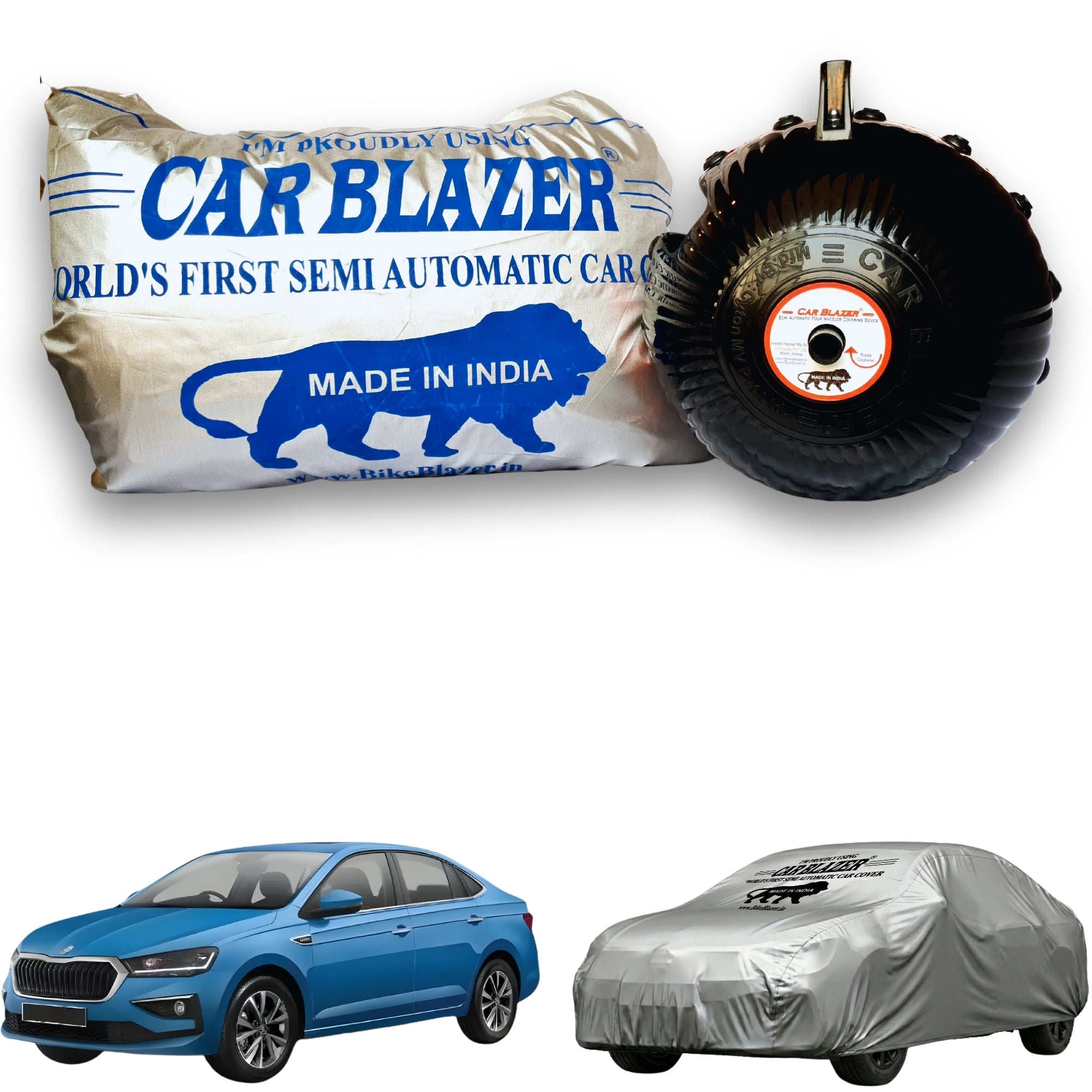 CarBlazer semi automatic portable full body waterproof car cover designed for modern sedans with dust proof, UV rays of Sun safe and tear resistant outdoor protection for Skoda Slavia all car models.