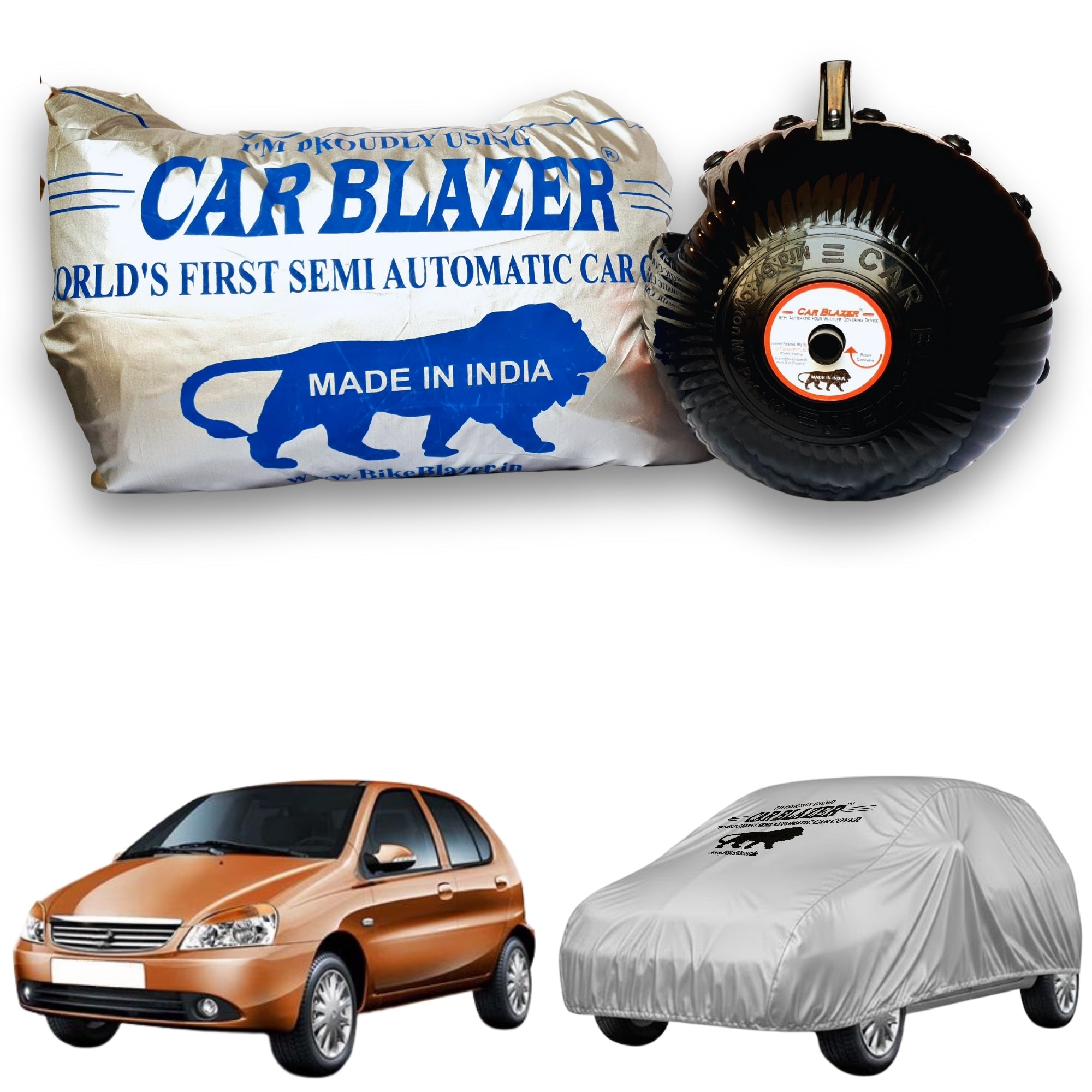 CarBlazer semi automatic portable car cover designed for compact hatchbacks used for everyday commuting with secure elastic fitting and weather protection & 100% Waterproof Car cover for Tata Indica all car models.