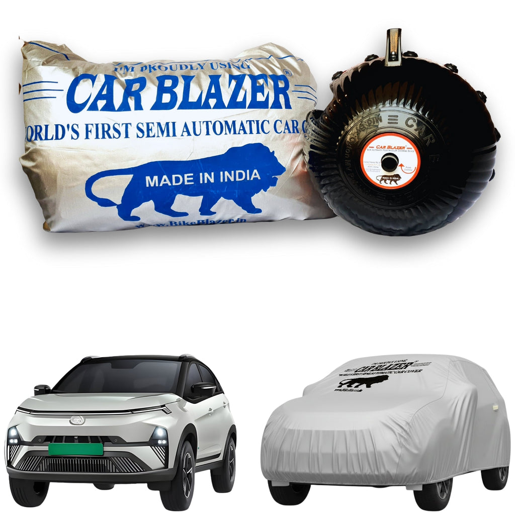 CarBlazer semi automatic portable car cover offering reliable weather protection for compact SUV rays of Suns with secure elastic fitting and full body coverage water, Dust & Wind resistant car coverfor Tata Nexon EV all car models.