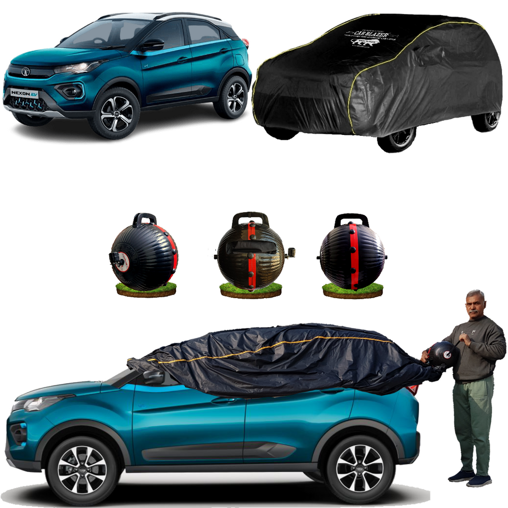 CarBlazer semi automatic portable car cover offering reliable weather protection for compact SUV rays of Suns with secure elastic fitting and full body coverage water, Dust & Wind resistant car coverfor Tata Nexon EV all car models.