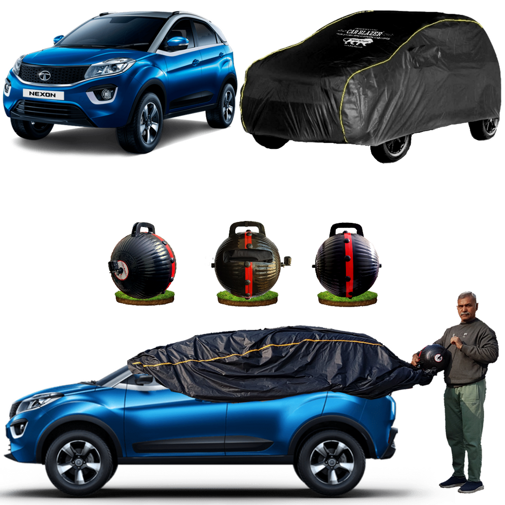 CarBlazer semi automatic portable car cover offering reliable weather protection for compact SUV rays of Suns with secure elastic fitting and full body coverage water, Dust & Wind resistant car coverfor Tata Nexon all car models.