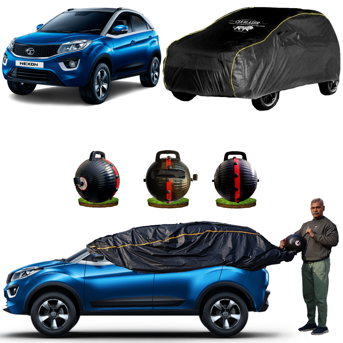 CarBlazer semi automatic portable car cover offering reliable weather protection for compact SUV rays of Suns with secure elastic fitting and full body coverage water, Dust & Wind resistant car coverfor Tata Nexon all car models.