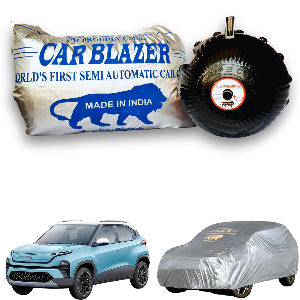 CarBlazer semi automatic portable car cover providing dependable full body protection for compact SUV rays of Suns during long term outdoor parking and vehicle storage for Tata Punch EV all car models.