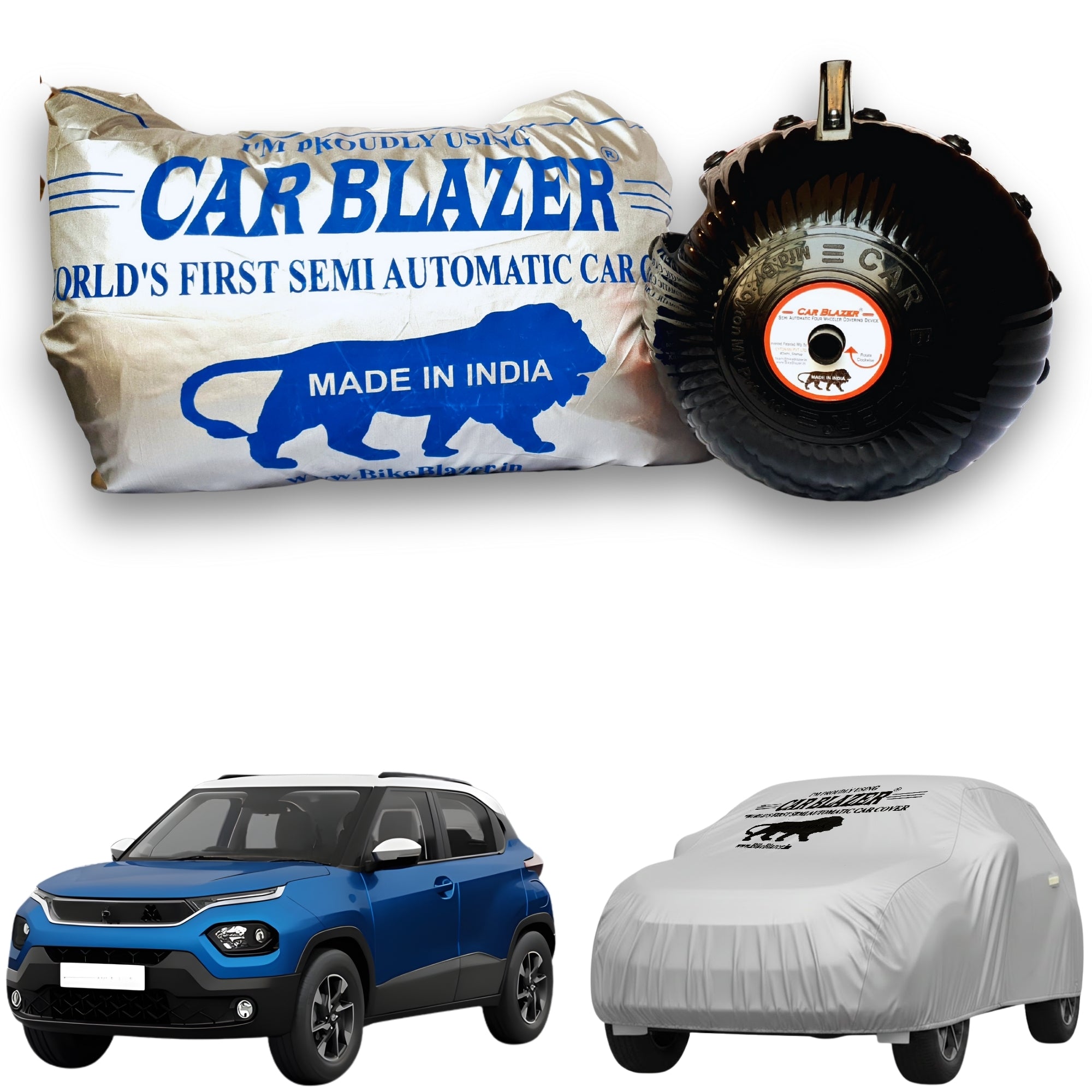 CarBlazer semi automatic portable car cover providing dependable full body protection for compact SUV rays of Suns during long term outdoor parking and vehicle storage for Tata Punch all car models.