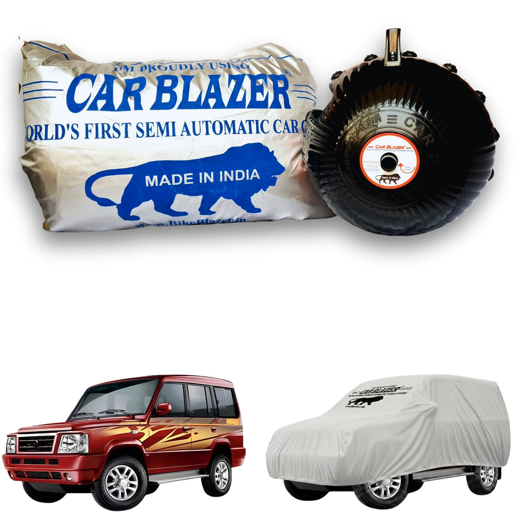 CarBlazer semi automatic portable car cover offering reliable weather protection for full-size SUVs with secure elastic fitting and complete body coverage  Soft Scratproof, water, Dust & Wind resistant car coverfor Tata Sumo all car models.