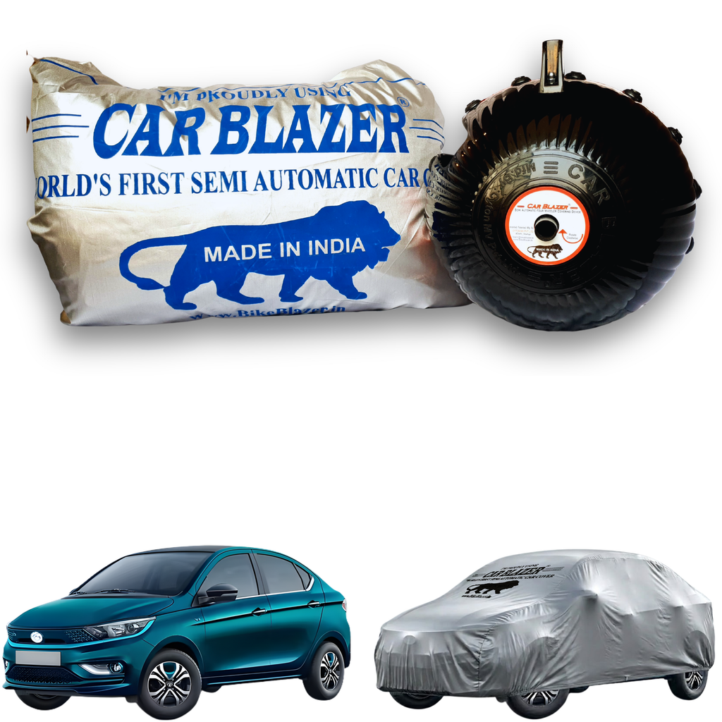 CarBlazer semi automatic portable car cover offering reliable weather protection for modern sedans with secure elastic fitting and full body coverage for Tata Tigor EV all car models.