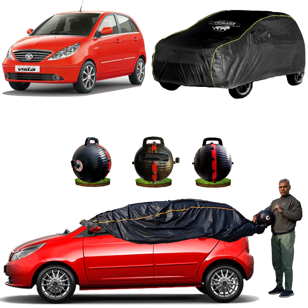 CarBlazer semi automatic portable car cover offering reliable all weather protection for premium hatchbacks with secure elastic fitting, water, Dust & Wind resistant car cover for Tata Vista all car models.