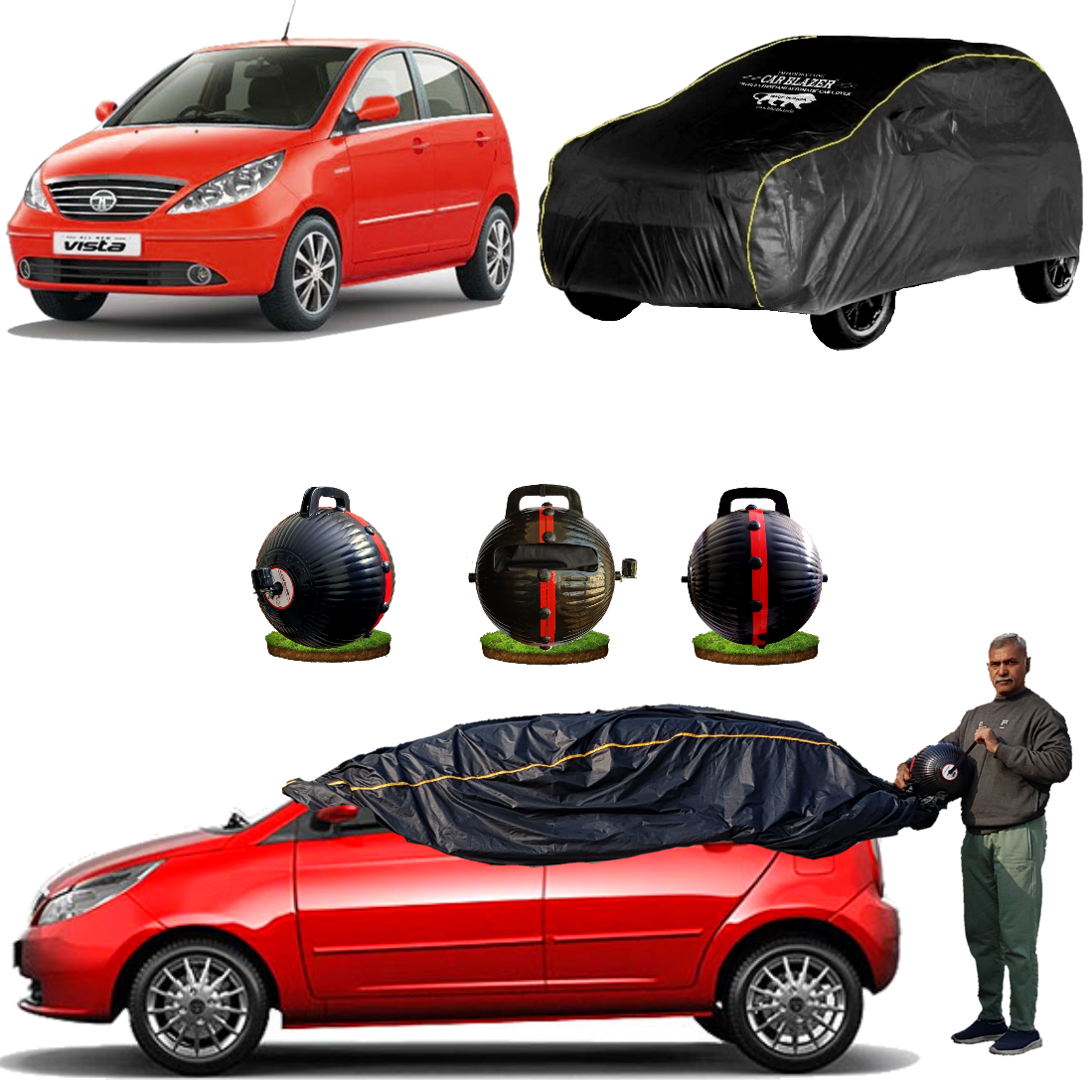 CarBlazer semi automatic portable car cover offering reliable all weather protection for premium hatchbacks with secure elastic fitting, water, Dust & Wind resistant car cover for Tata Vista all car models.
