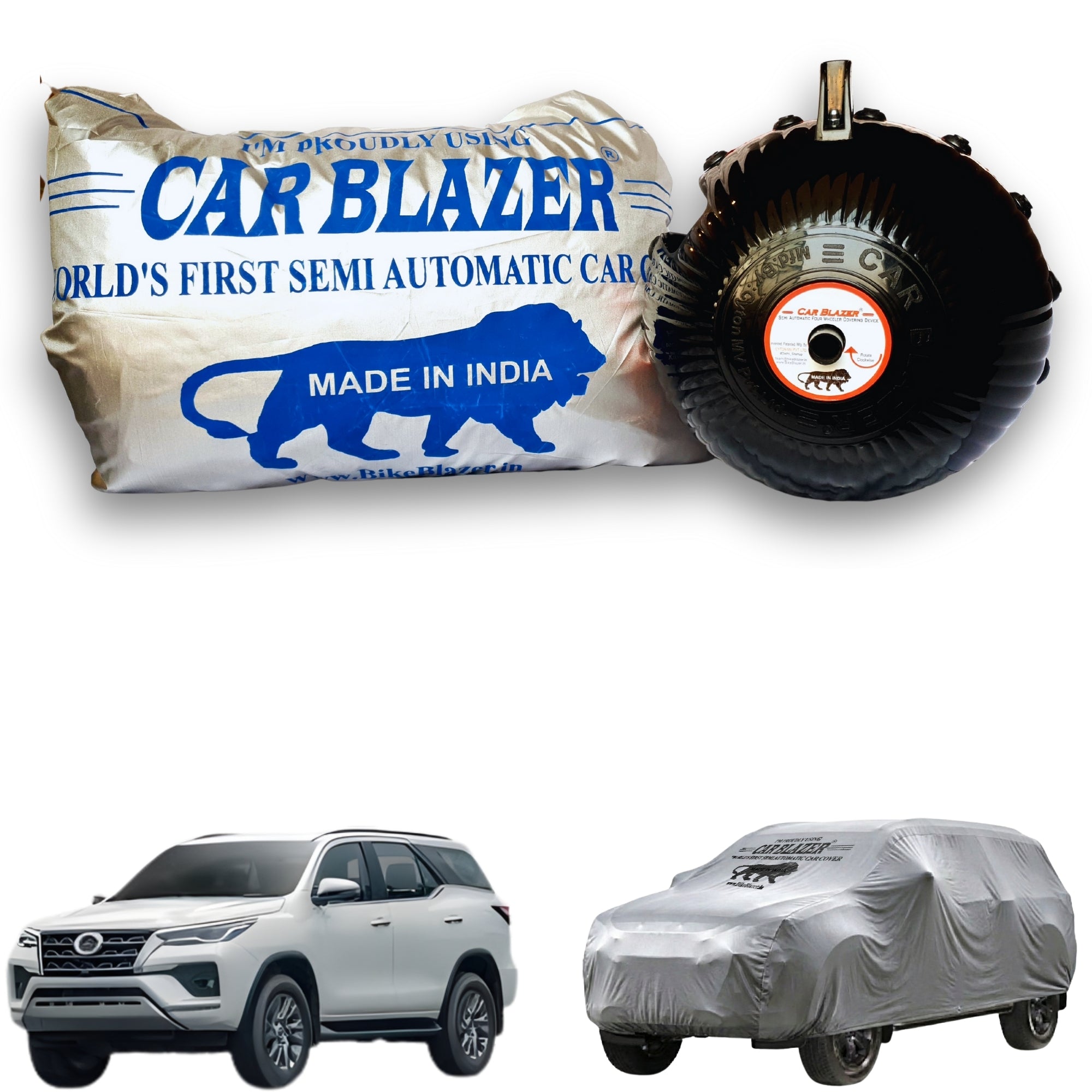 CarBlazer semi automatic waterproof car cover engineered for full-size SUVs with complete protection against rain, dust and harmful UV exposure  Soft Scratproof, water, Dust & Wind resistant car coverfor Toyota Fortuner Legender all car models.