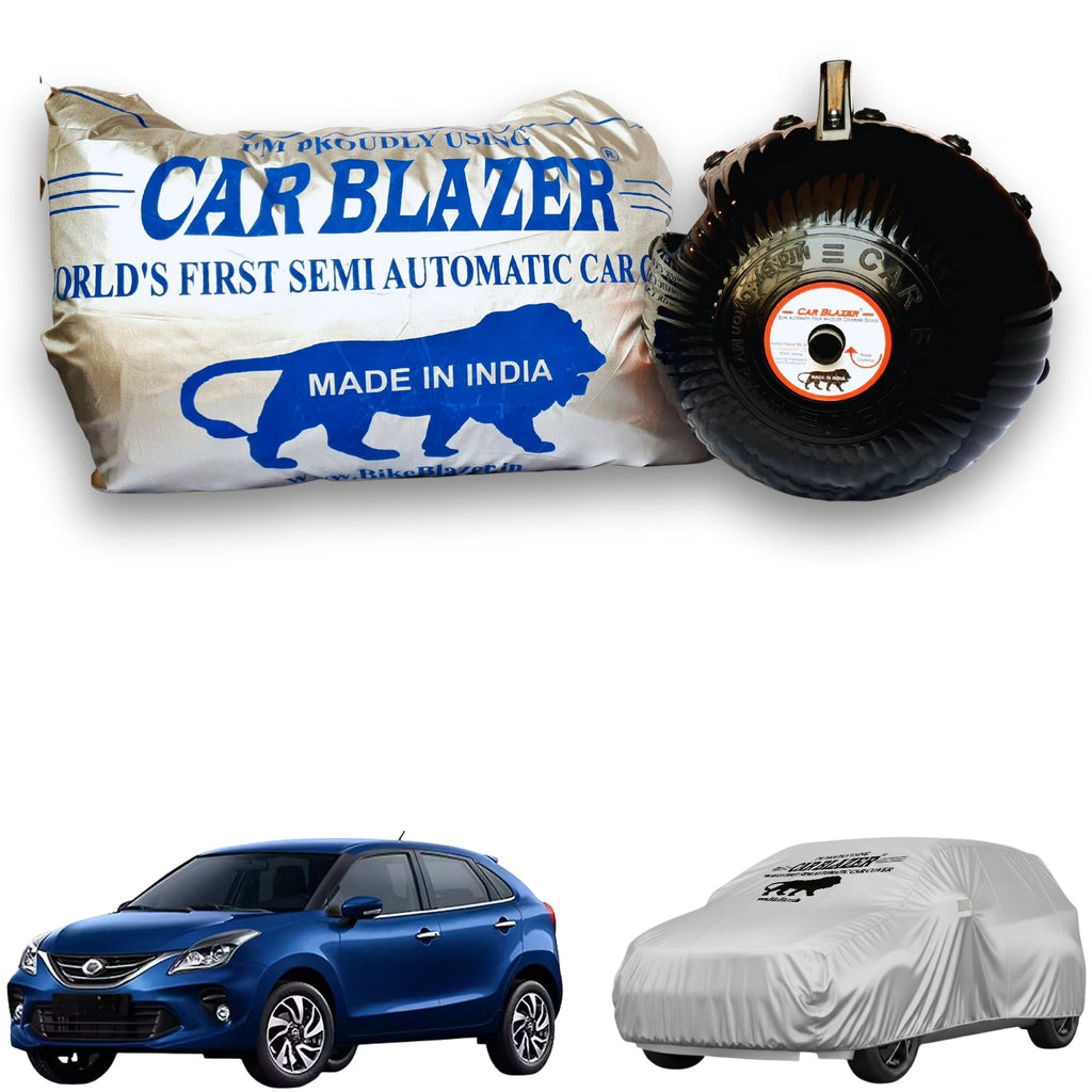 CarBlazer semi automatic portable waterproof car cover providing complete full body coverage for premium hatchbacks with all weather resistant protection, Storm proof Car cover for Toyota Glanza all car models.