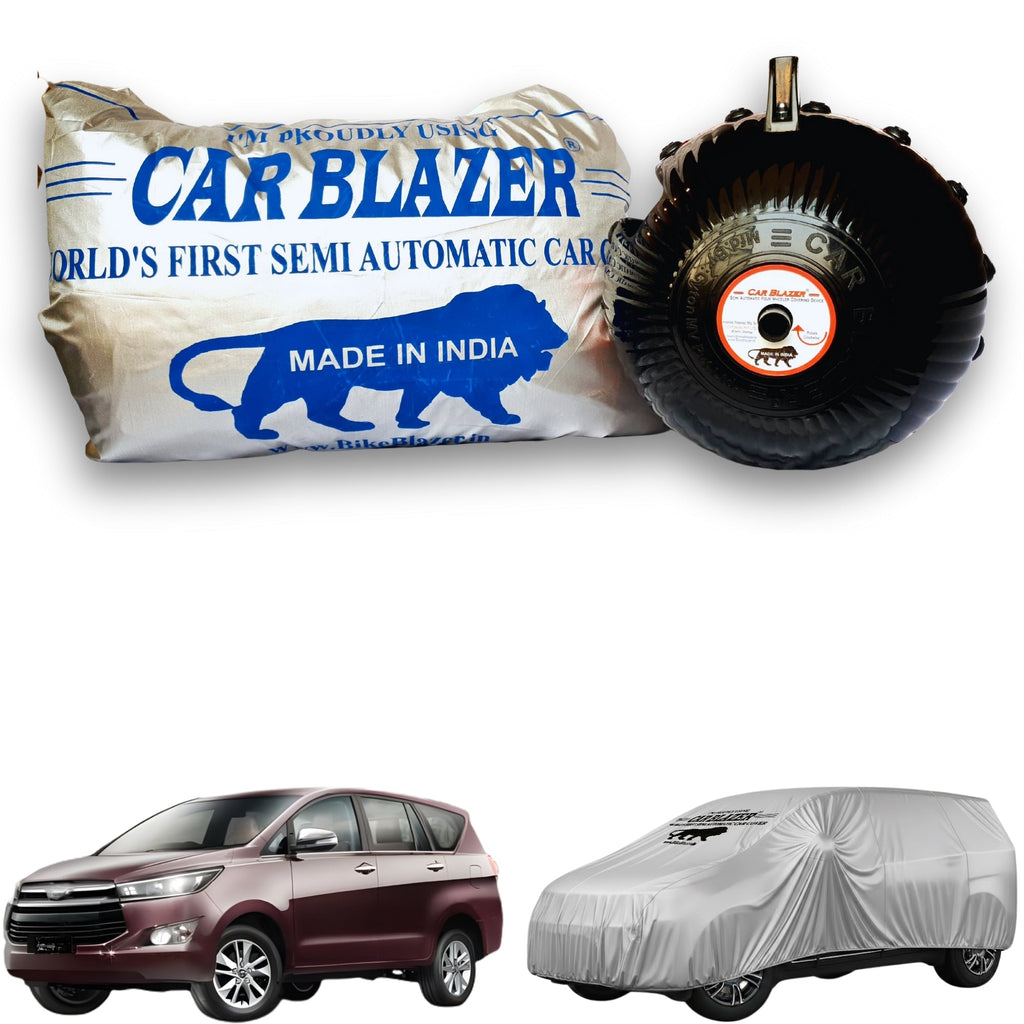 CarBlazer semi automatic portable car cover offering reliable weather protection for family MPVs with secure elastic fitting and complete body coverage  Soft Scratproof, water, Dust & Wind resistant car coverfor Toyota Innova Crysta all car models.