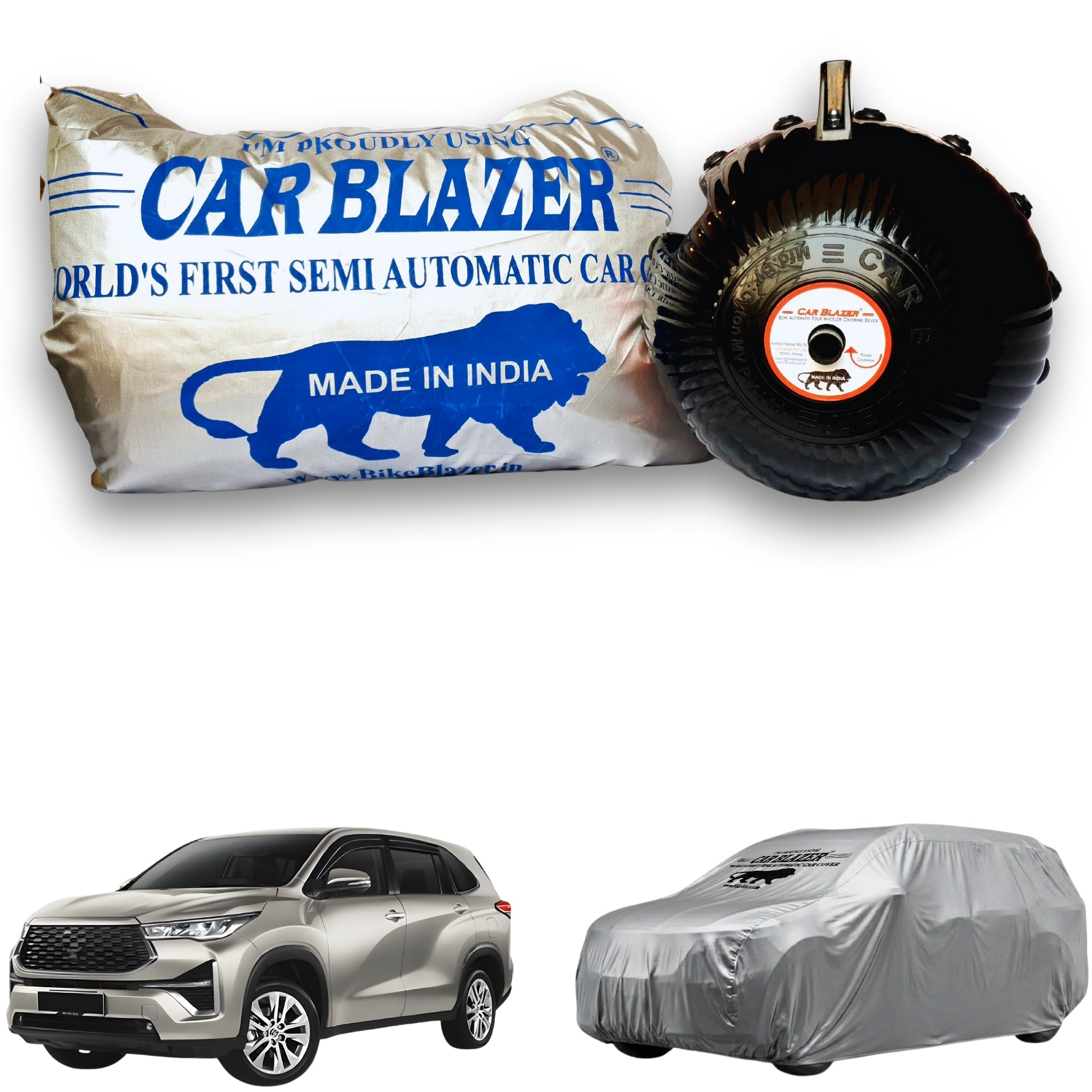 CarBlazer semi automatic portable car cover providing dependable full body protection for family MPVs during long term outdoor parking and vehicle storage  Soft Scratproof, water, Dust & Wind resistant car coverfor Toyota Innova Hycross all car models.