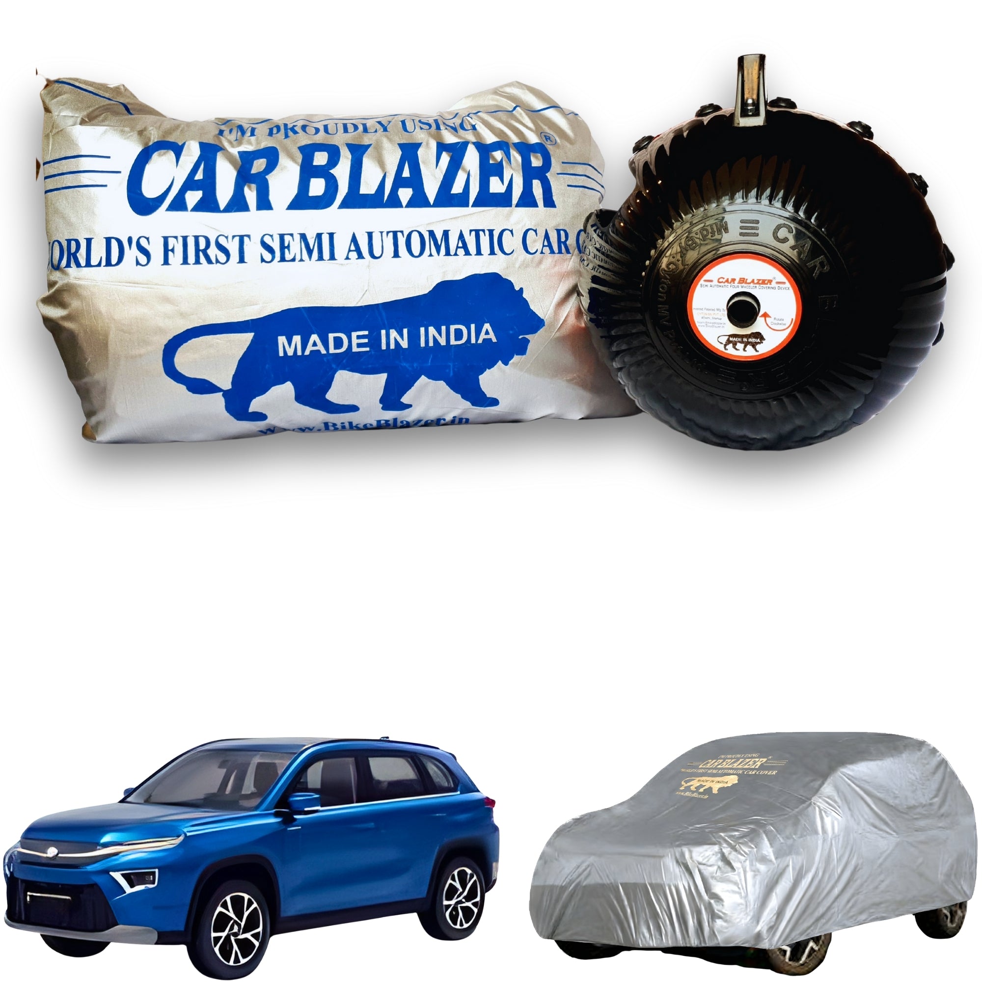 CarBlazer semi automatic portable car cover providing dependable full body protection for compact SUV rays of Suns during long term outdoor parking and vehicle storage for  all car models.for Toyota Urban Cruiser Hyryder all car models.