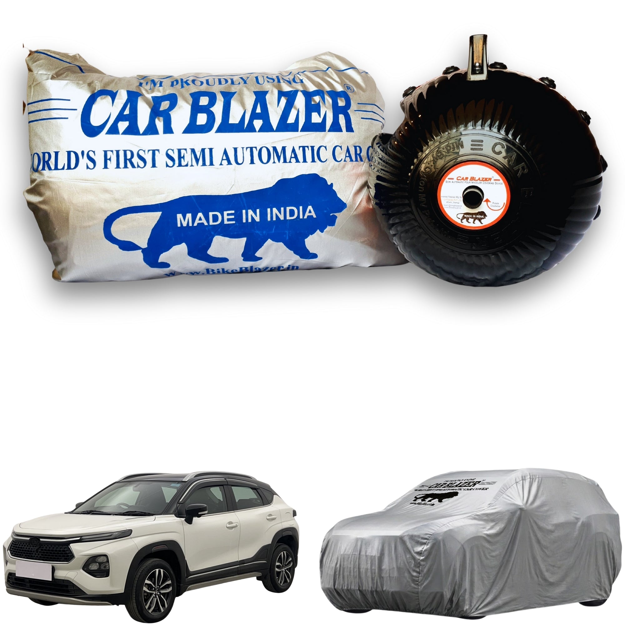 CarBlazer semi automatic portable car cover providing dependable full body protection for compact SUV rays of Suns during long term outdoor parking and vehicle storage for  all car models.for Toyota Urban Cruiser Taisor all car models.