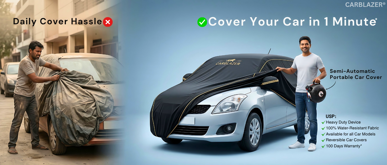Carblazer portable semi automatic full body car cover for all car models with 1 minute installation, water resistant, dust proof and reversible design.