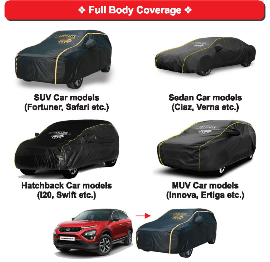 carblazer full body car covers portable car cover for SUV hatchback compact suv sedan coupe muv. Car Body covers for all cars in India premium car covers waterproof outdoor tear resistant easy to use with elastics covers.