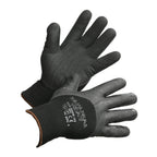 Rider wearing heavy duty motorcycle riding gloves while holding bike handlebar